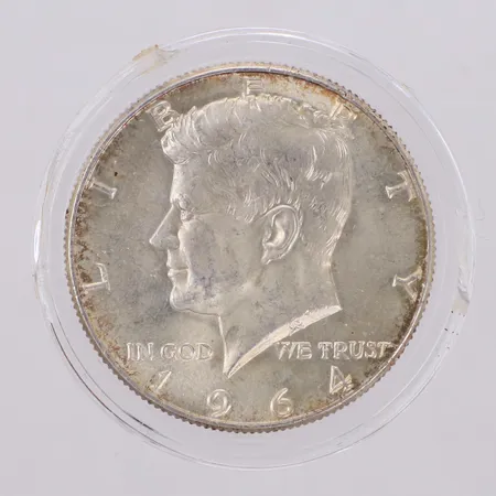 Mynt, Ø30,6mm, half dollar, United States of America, år 1964, 900/1000 silver, plastetui Vikt: 12,5 g