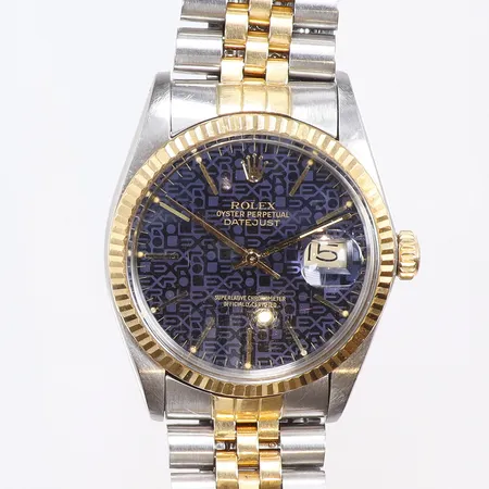 Herrur Rolex Datejust Ø36mm ref 16013 snr. 8925054 cal 3035 verknr. 1382899, ovanlig blå Jubileums-Urtavla "Rolex-Rolex", ca år 1986, jubileelänk stål/guld, plastglas, datum, endast grönt reseetui medföljer