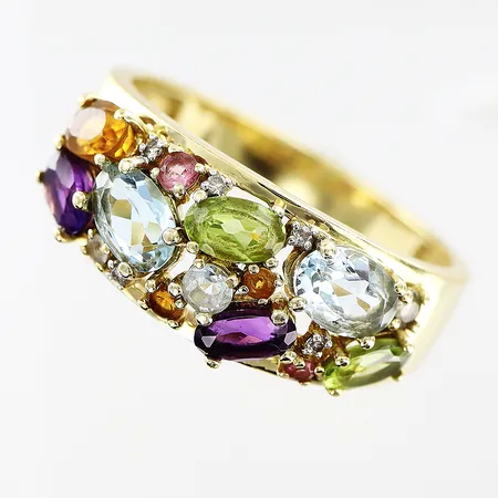 Ring, diamanter 5 x ca 0,005ct, färgade stenar, stl 19½, bredd 3-9mm, GHA, 18K. Vikt: 5,3 g