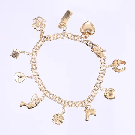 Armband Bismarck, med 10 berlocker, längd 19cm, bredd 5mm, svenska stämplar 1962, 18K Vikt: 16,2 g