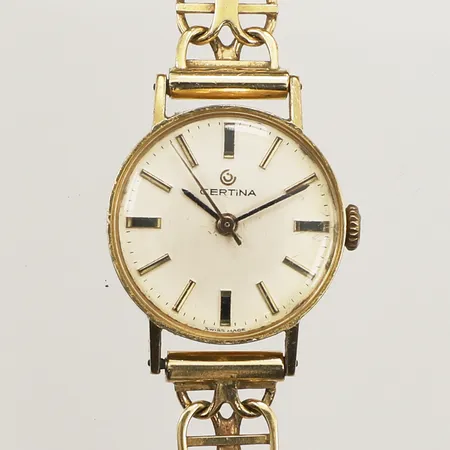 Damur Certina 18K, Ø21mm, manuell, defekt, repigt plexiglas, gravyr, X-länksarmband 18K, längd 17cm, bruttovikt 26,4g