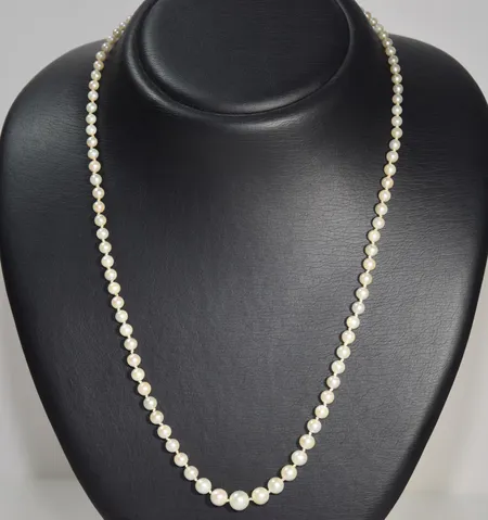 Pärlhalsband sötvattenspärlor, längd 54 cm, bredd 2,95-7,41 mm. Vikt: 14,3 g