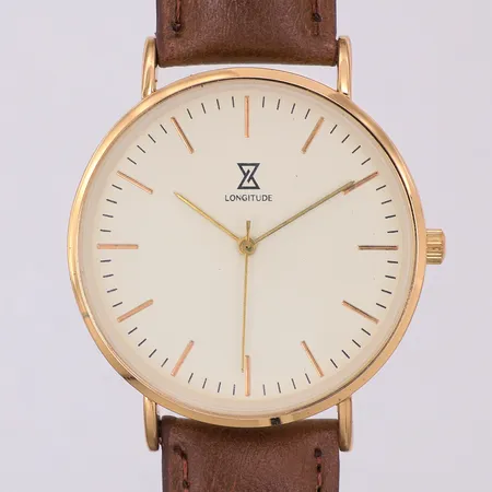 Herrur Longitude quartz Ø40mm, guldfärgat stål, läderband, står still, i låda,  plasten kvar på framsida & baksida