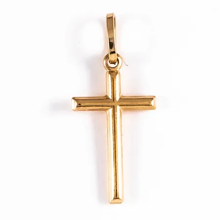 Hänge Kors i 18K guld. Det är 12 mm brett, 26,5 mm långt inkl. ögla och väger 0,7g.