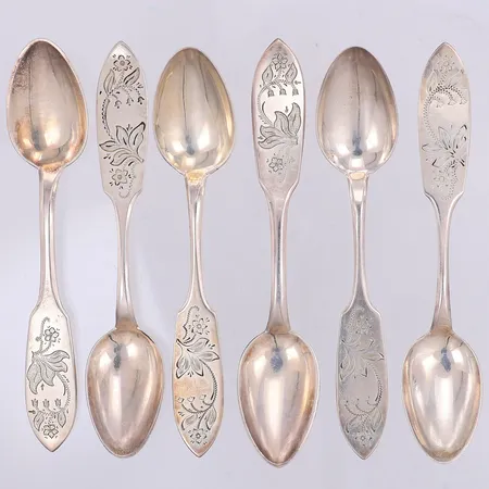 6 Kaffeskedar modell tornedal, 12cm, Fritz Olsson & Mema, gravyr, 830/1000 silver Vikt: 86,1 g