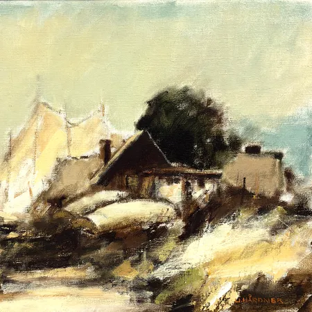 Olja på duk av Ulf Hårdner, hamnmotiv, rammått 44,5x38cm, signerad Skickas med paket.