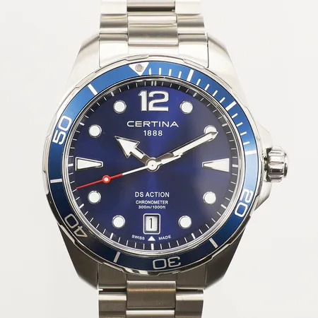 Herrur Certina DS Action, stål, quartz, 43mm, referensnummer C032451A, serienummer X3Y Y0B MSL, datum, stållänk ca 20cm, justerbart viklås, certifikat, manual, graverad box, ytterkartong,