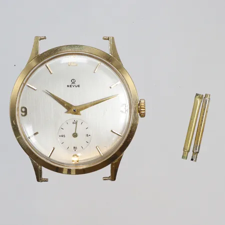 Herrur Revue 18K Ø33,5mm, manuell uppdragning, gravyr, 1960-tal, endast boett, smärre slitage, plastglas, bruttovikt 23,1g