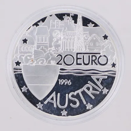 Minnesmynt, Ø36,9mm, 20 Euro, 1000 Jahre, 995-1996 Osterreich Austria, 925/1000 silver, plastetui Vikt: 24,1 g