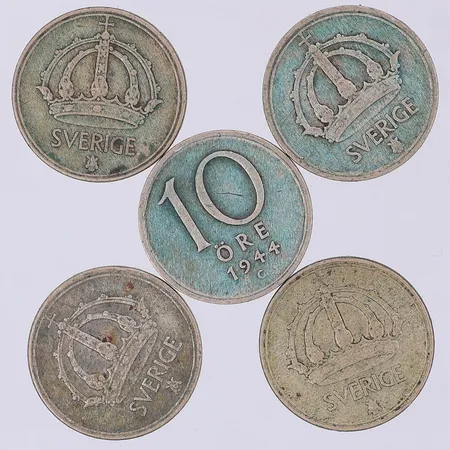 5 Mynt 10 öre, år 1944-50, Ø15mm, 400/1000 silver Vikt: 7,1 g