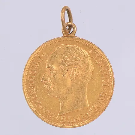 Hänge mynt Frederik VIII, nominellt värde 10dkr, 22mm, Ø18mm, danskt, ögla 18K, 21,6K Vikt: 4,5 g