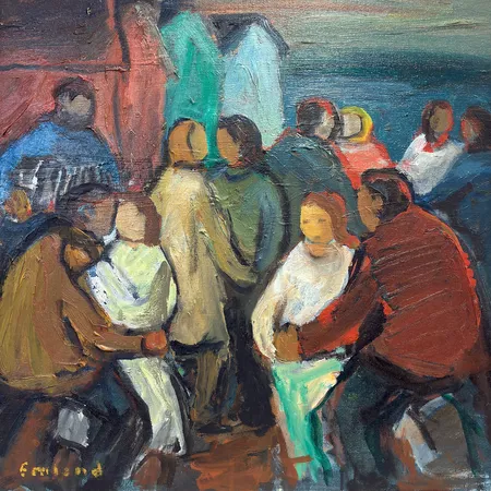 Olja på duk av Einar Emland, Dans på brygga, rammått 49x49cm, signerad Skickas med paket.