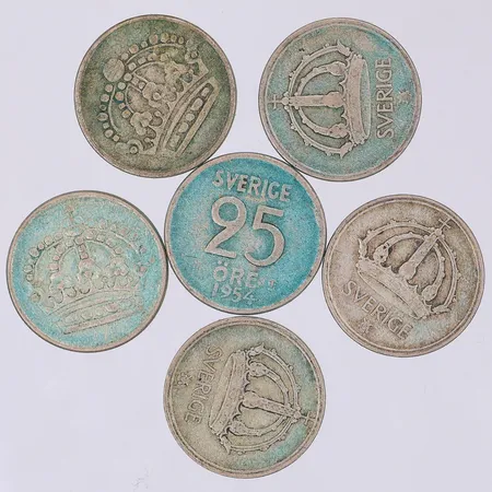 6 Mynt 25 öre, år 1945-59, Ø17mm, 400/1000 silver Vikt: 13,9 g