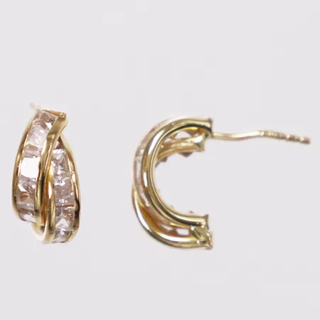 Ett par örhängen, vita stenar, 12mm, skev stift, stoppar saknas, 18K Vikt: 1,7 g