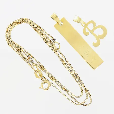 1 kedja, 2 hängen, gravyr, defekter, slitage, intrasslat hår, 18K.  Vikt: 4,7 g