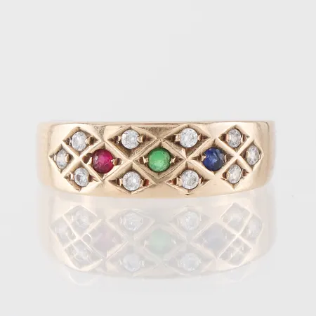 Ring med stenar,storlek 18 mm, bredd 2.8-6.7 mm,14k. Vikt: 4,2 g