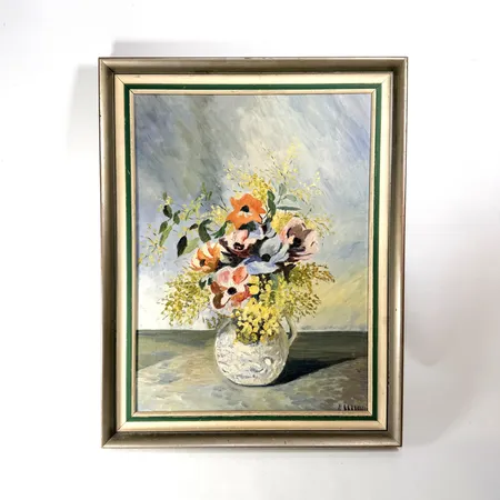 Tavla oidentifierad konstnär olja på duk, rammått 56x44cm, blomstermotiv, sliten ram Skickas med postpaket.