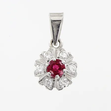 Hänge, diamanter 6 x ca 0,03ct, rubin, 15x8mm, vitguld, 18K. Vikt: 1,4 g
