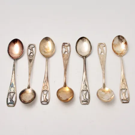 7st skedar i silver, 10,7cm, modell Jämtskogen, 830/1000, tillverkad av Schalin Bror, vikt 84,92g.