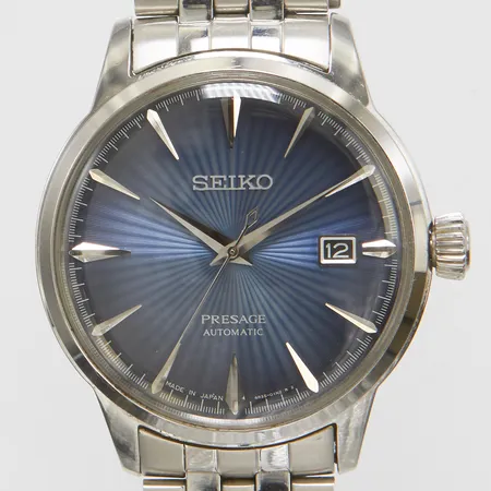 Herrur, Seiko, Presage Automatic, stål, blå urtavla, viklås, nr: 220952, 4R35-01T0, 4R35B, extra länkbit, instruktionsblad, kvitto från Step in 240229, etui, ytterkartong