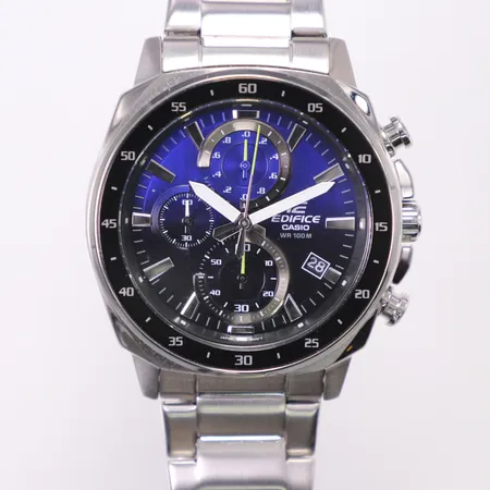 Herrur, Casio Edifice, quartz, Ø44mm, referensnr EFV-600, blå/svart urtavla, stål, kronograf, datum, personlig gravyr, manual, kudde, box