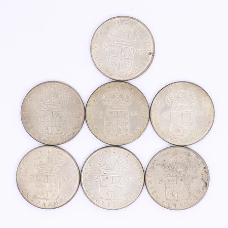 7st silvermynt 2kr Gustaf VI Adolf 1953-1966, silver 400/1000 Vikt: 97,9 g