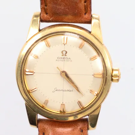 Herrur Omega Seamaster, guld på stål, automatisk, 34,5mm, repigt glas, gravyr, Ø34mm,