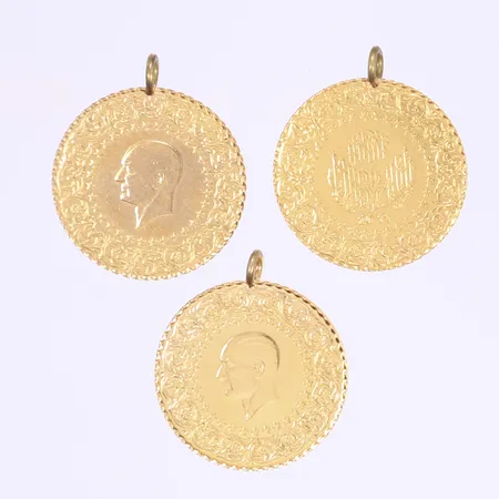 3 Mynt, Ø22mm, öglor ej av guld, 21K Vikt: 10,6 g