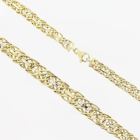 Collier, 44,5cm, bredd 7-10mm, ihålig, vit/gulguld, skevheter, 14K.  Vikt: 16,8 g