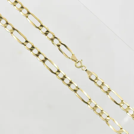 Kedja Figaro, längd 61½ cm, bredd 5 mm, ojämna länkar, troligtvis utbytt lås, 14K. Vikt: 8,5 g