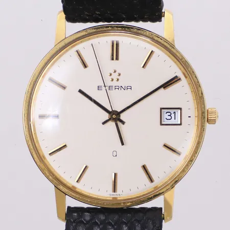 Herrur, Eterna, 18K, Ø33,5mm, 158.2141.65, quartz, går ej, slitet läderband, originalbox