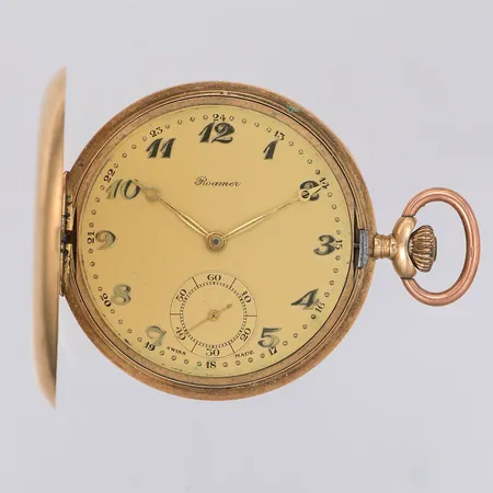 Fickur savonett Roamer, Ø48mm, gravyr, saknar glas, metallinnerboett, 14K Vikt: 66,1 g