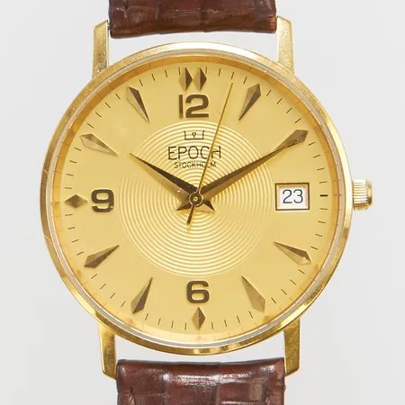 Herrur Epoch, datum, quartz, personlig gravyr, läderband, etui, garantibevis, 18K