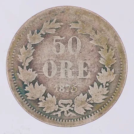 Mynt 50 öre, brödrafolkens väl, Ø22mm, år 1875, slitet, 600/1000 silver Vikt: 4,6 g