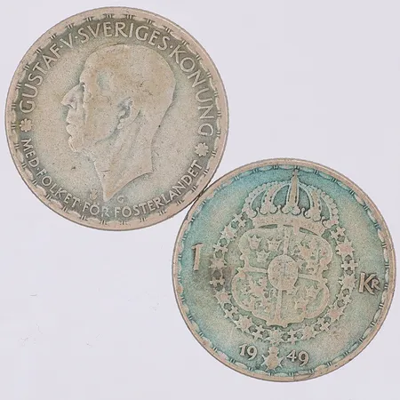2 Mynt Gustaf V, 1kr, Ø15mm, år 1942/49, 400/1000 silver Vikt: 13,9 g
