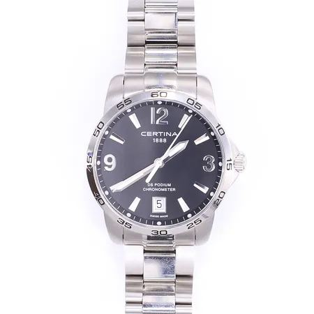 Herrur Certina DS Podium Chronometer, Ø40mm, quartz, stål, datum, svart urtavla, refnr: C034.451.11.057.00, serienr: 5P7U5NPY5, länk med viklås, extra länkbit, lätt repig, certifikat, box och ytterkartong