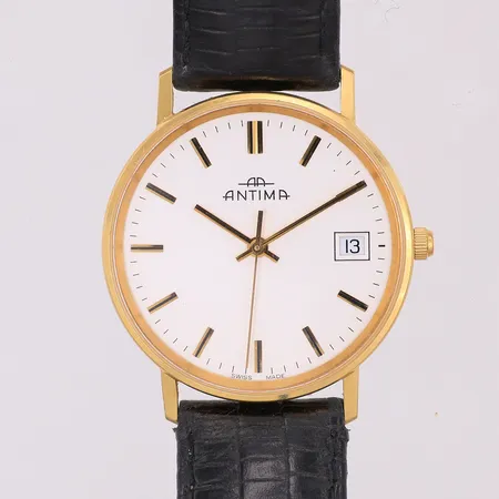 Herrur Antima med datum, 18K Ø33mm, quartz, står still, läderband Vikt: 0 g