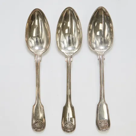 Tre matskedar, snäckmodell, Möllenborg Gustaf, Stockholm, år 1895, 1898, & 1913, 830/1000 silver Vikt: 240,1 g