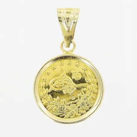 Hänge, mynt Turkisk Lira Ø15mm i 21K, 26x15, ram i 14K. Bruttovikt: 1,9gram. Vikt: 1,9 g
