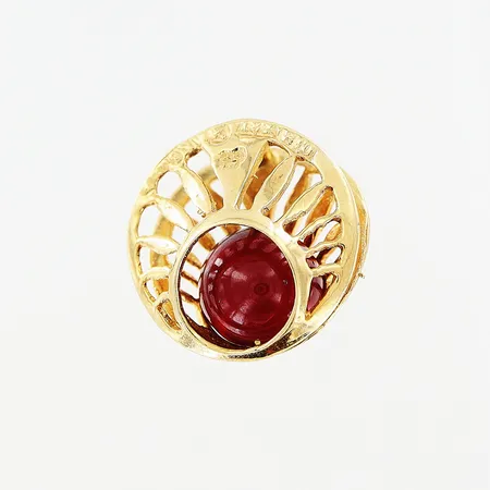 Hänge, röd sten, Ø12mm, skev, 18K. Vikt: 2 g