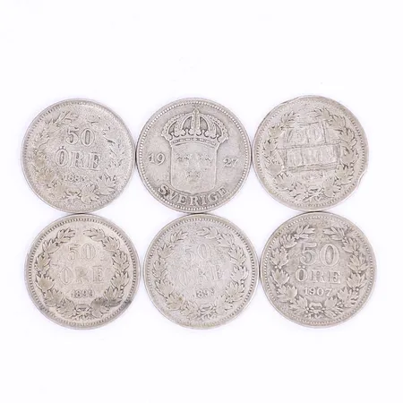 6st silvermynt 50öre olika präglingar 1883-1927, silver 600/1000 Vikt: 28,8 g