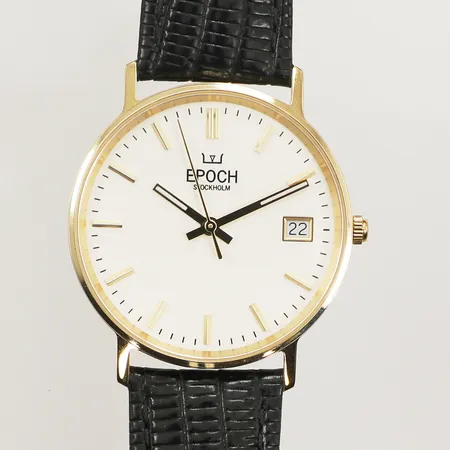 Armbandsur Epoch, 14K, quartz, Ø33mm, datum, läderarmband original, skyddsplast kvar på baksida samt på spänne, gravyr