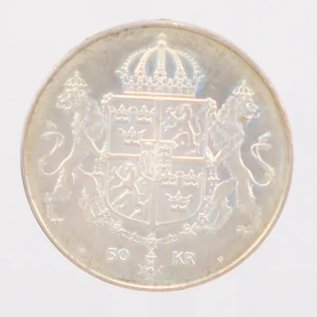 Minnesmynt Kungliga bröllopet Konung Carl XVI Gustaf Drottning Silvia, 19-juni-1976, 50KR, Silver 925/1000 Vikt: 27 g