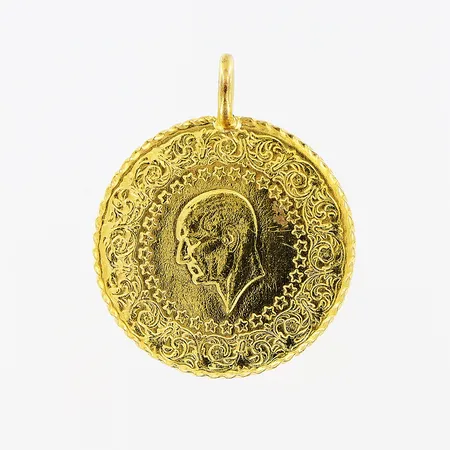 Hänge, 22mm, mynt Ø18mm, Ataturk, ögla i metall, 21K. Vikt: 1,8 g