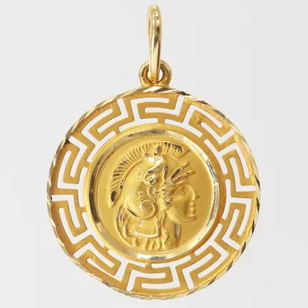 Hänge med meandermönster samt grekiskt motiv, Ø22mm, 14K. Vikt: 2,6 g