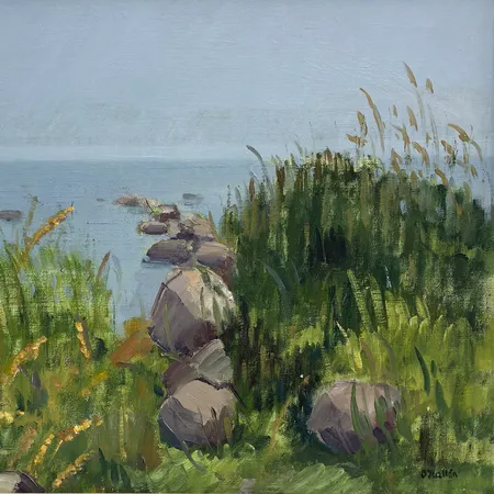 Olja på duk av Olle Hallén, kustvy, rammått 57x45, signerad Skickas med paket.