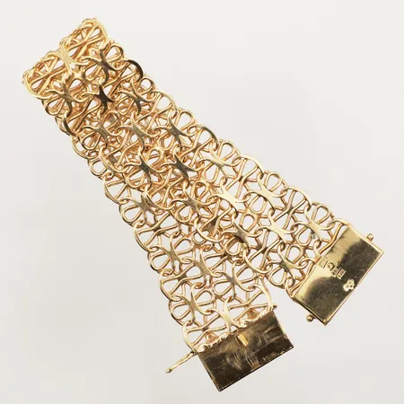 Armband X-länk ca 19,5cm, bredd 24mm, Hellströmers Guldsmide år 1976, en låsögla defekt, 18K Vikt: 45,1 g