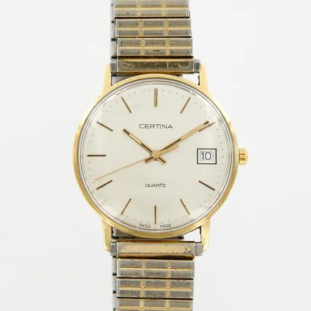 Herrur Certina 34mm 14K i boett, quartz med flexilänk i gulmetall, graverad