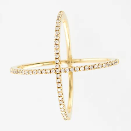 Ring, stl ca 16¼, bredd 20mm, dubbel halvallians i X-form, 63st diamanter ca 0,30ctv, 18K Vikt: 4,1 g