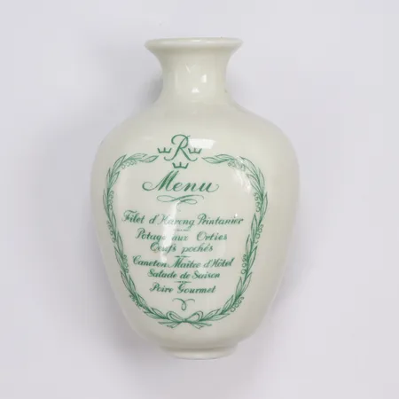 Vas Rörstrand med Meny på Franska, samt stad, möjligen Lars Thorén, höjd 11 cm, med fläckar, daterad i botten 19 18/5 54
